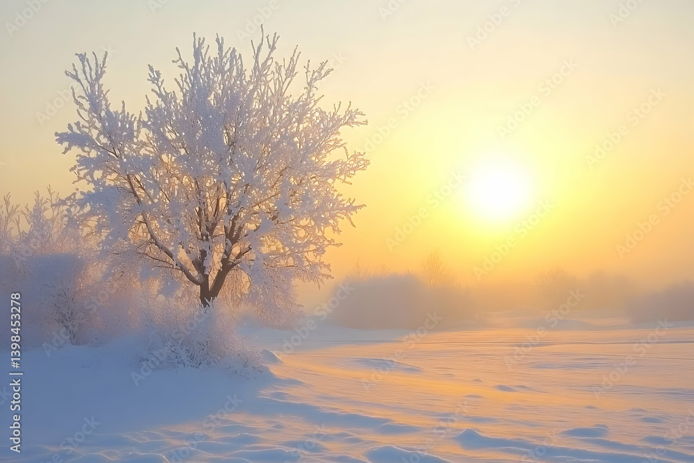 A winter sunrise paints a frosted landscape with golden hues. A winter sunrise paints a frosted landscape with golden hues.