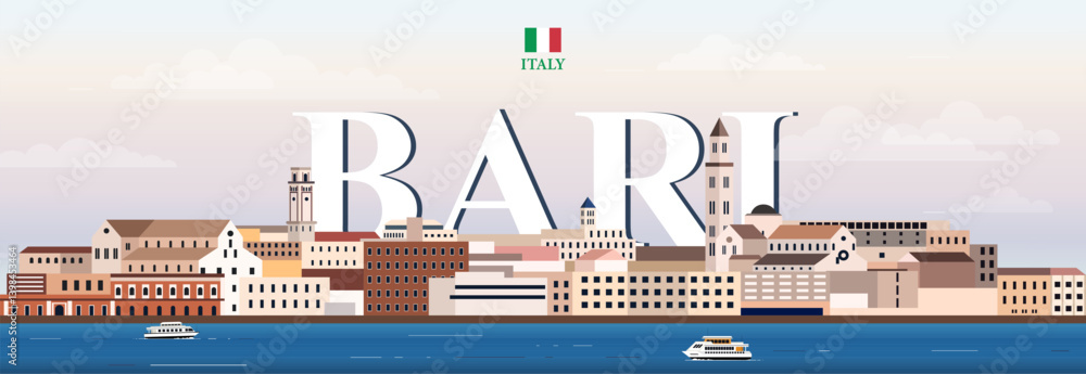 Bari cityscape colorful vector illustration with big city name on the background. Travel trendy poster