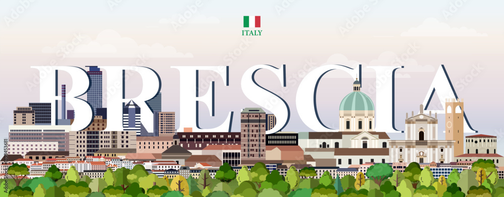 Brescia cityscape colorful vector illustration with big city name on the background. Travel trendy poster