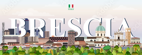 Obraz na płótnie Brescia cityscape colorful vector illustration with big city name on the background. Travel trendy poster w salonie