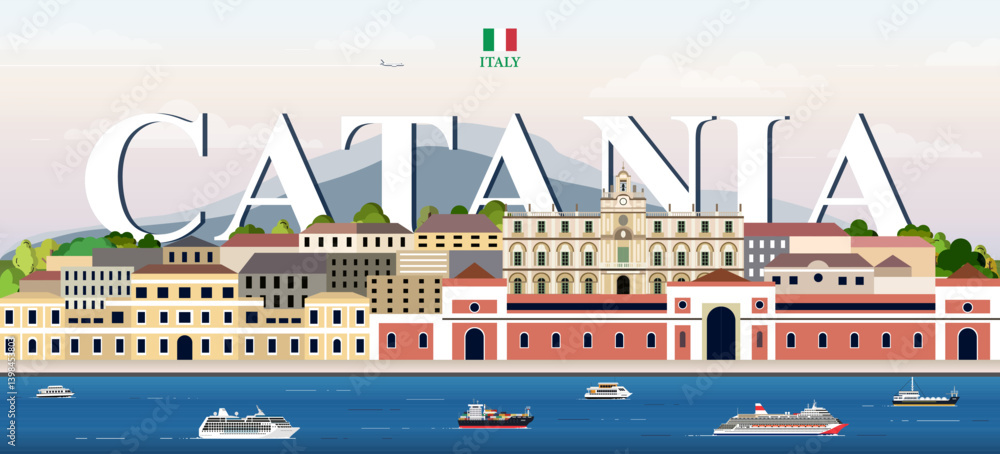 Catania cityscape colorful vector illustration with big city name on the background. Travel trendy poster