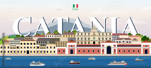 Obraz na płótnie Catania cityscape colorful vector illustration with big city name on the background. Travel trendy poster w salonie