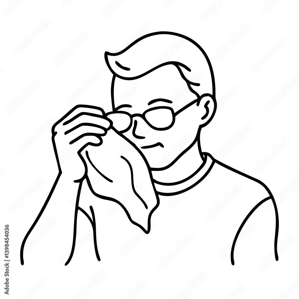 Man Cleaning Glasses with Cloth Simple Line Art Vector Illustration for Posters and Education Man Cleaning Glasses with Cloth Simple Line Art Vector Illustration for Posters and Education