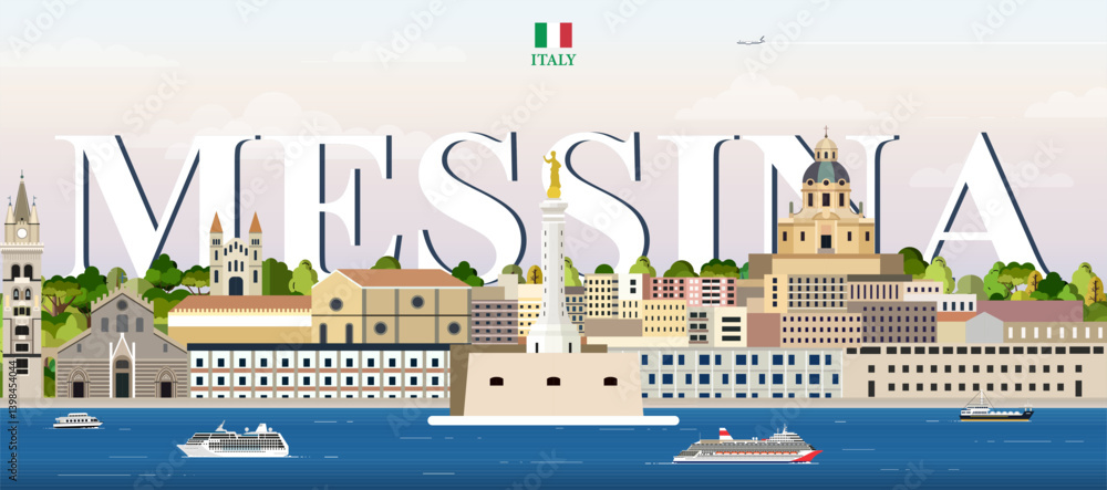 Messina cityscape colorful vector illustration with big city name on the background. Travel trendy poster