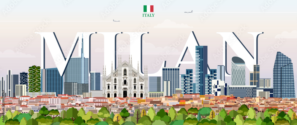 Milan cityscape colorful vector illustration with big city name on the background. Travel trendy poster