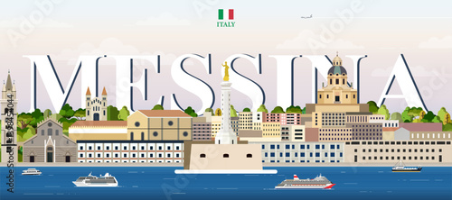 Obraz na płótnie Messina cityscape colorful vector illustration with big city name on the background. Travel trendy poster w salonie