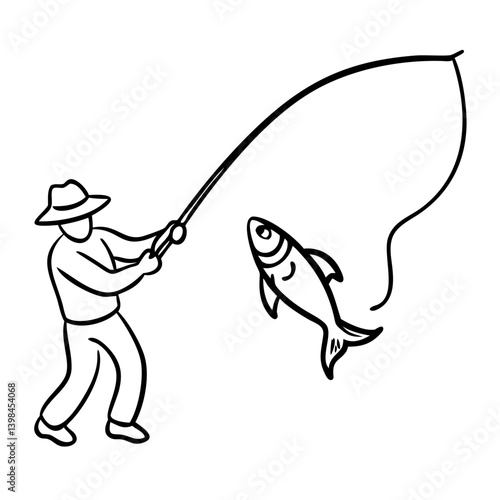 Fisherman Catching Big Fish Vector Illustration For Outdoor Adventure And Recreation