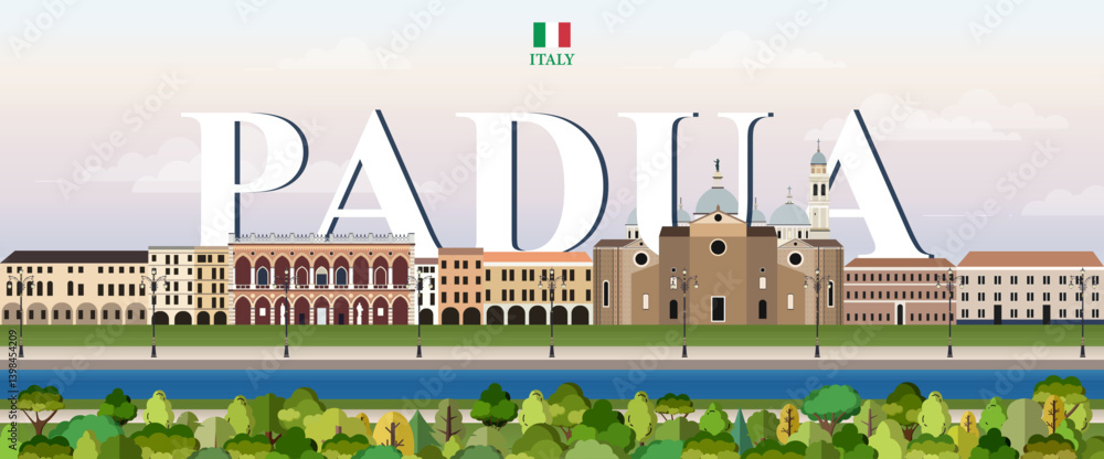 Padua cityscape colorful vector illustration with big city name on the background. Travel trendy poster