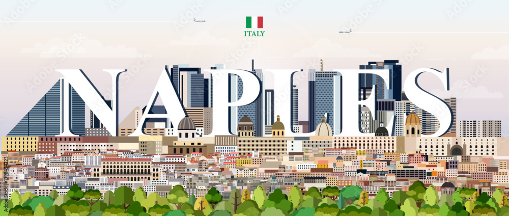 Naples cityscape colorful vector illustration with big city name on the background. Travel trendy poster