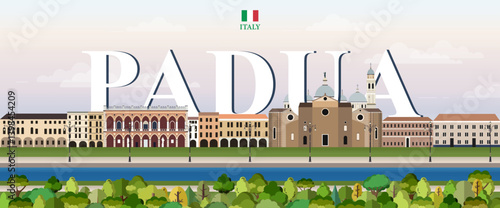 Obraz na płótnie Padua cityscape colorful vector illustration with big city name on the background. Travel trendy poster w salonie