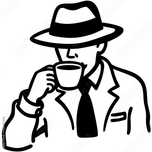 Stylish Man in Fedora Hat Sipping Coffee Vector Illustration for Retro-themed Designs