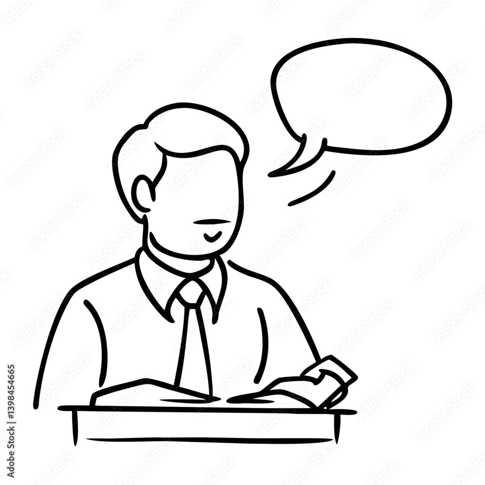 Businessman Reading at Desk with Speech Bubble Line Art Vector for Communication Concepts Businessman Reading at Desk with Speech Bubble Line Art Vector for Communication Concepts