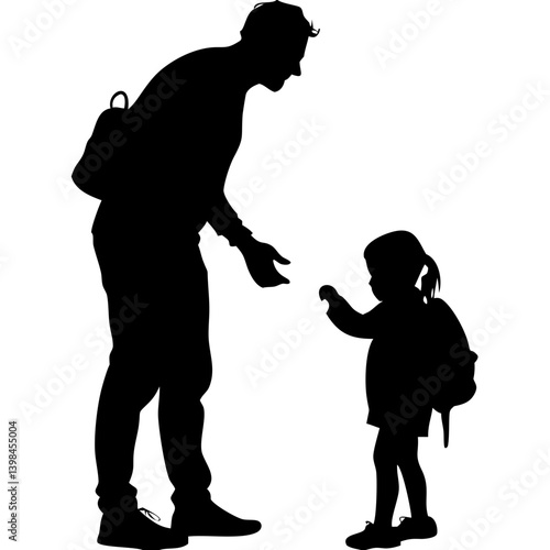 Silhouette of Parent and Child Sharing Moment with Backpacks in School Setting