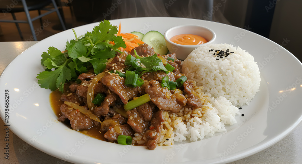 Exquisite Plating of Vietnamese Lemongrass Beef with Jasmine Rice Dish Exquisite Plating of Vietnamese Lemongrass Beef with Jasmine Rice Dish