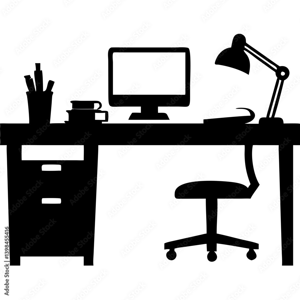 Modern Home Office Workspace Silhouette with Computer Desk and Chair Vector Modern Home Office Workspace Silhouette with Computer Desk and Chair Vector