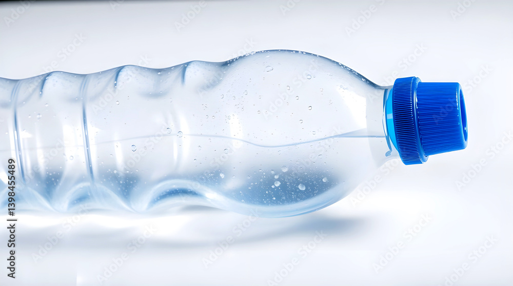 A discarded plastic water bottle, lying on its side, subtly showcasing the fragility and environmental impact of single-use plastics with a bright white background and crisp, clear focus. A discarded plastic water bottle, lying on its side, subtly showcasing the fragility and environmental impact of single-use plastics with a bright white background and crisp, clear focus.