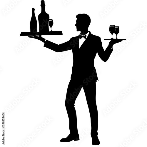 Silhouette of Waiter Holding Trays with Wine Bottles and Glasses for Hospitality and Catering Design