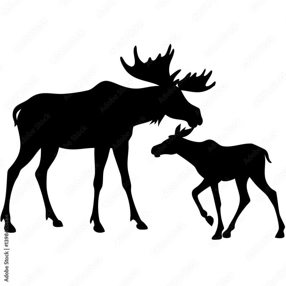 Fototapeta premium Moose and Calf Silhouette Wilderness Vector for Wildlife and Nature Designs