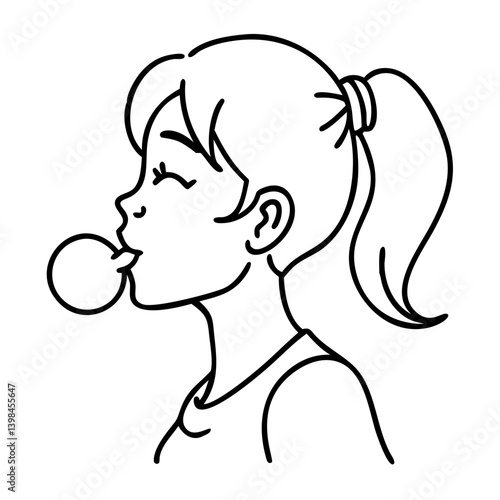 Young Girl Blowing Bubblegum Vector Illustration for Coloring Books and Designs