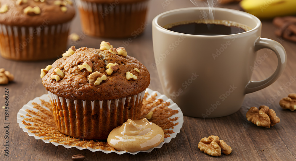 Warm Banana Nut Muffin With Coffee And Almond Butter Still Life Warm Banana Nut Muffin With Coffee And Almond Butter Still Life