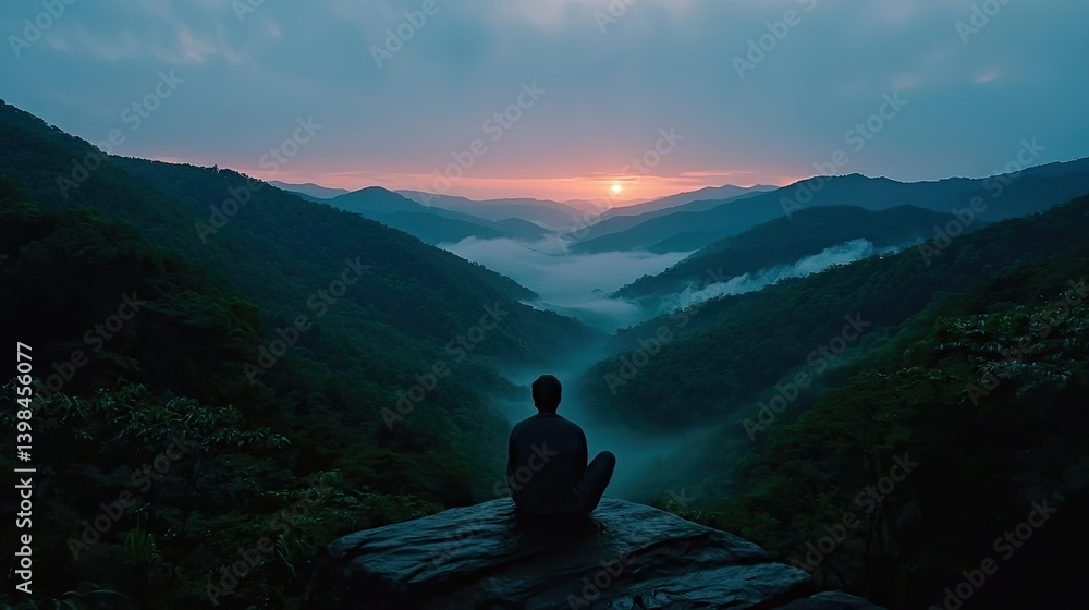 Fototapeta premium A person sits and watches a beautiful mountain sunset scene
