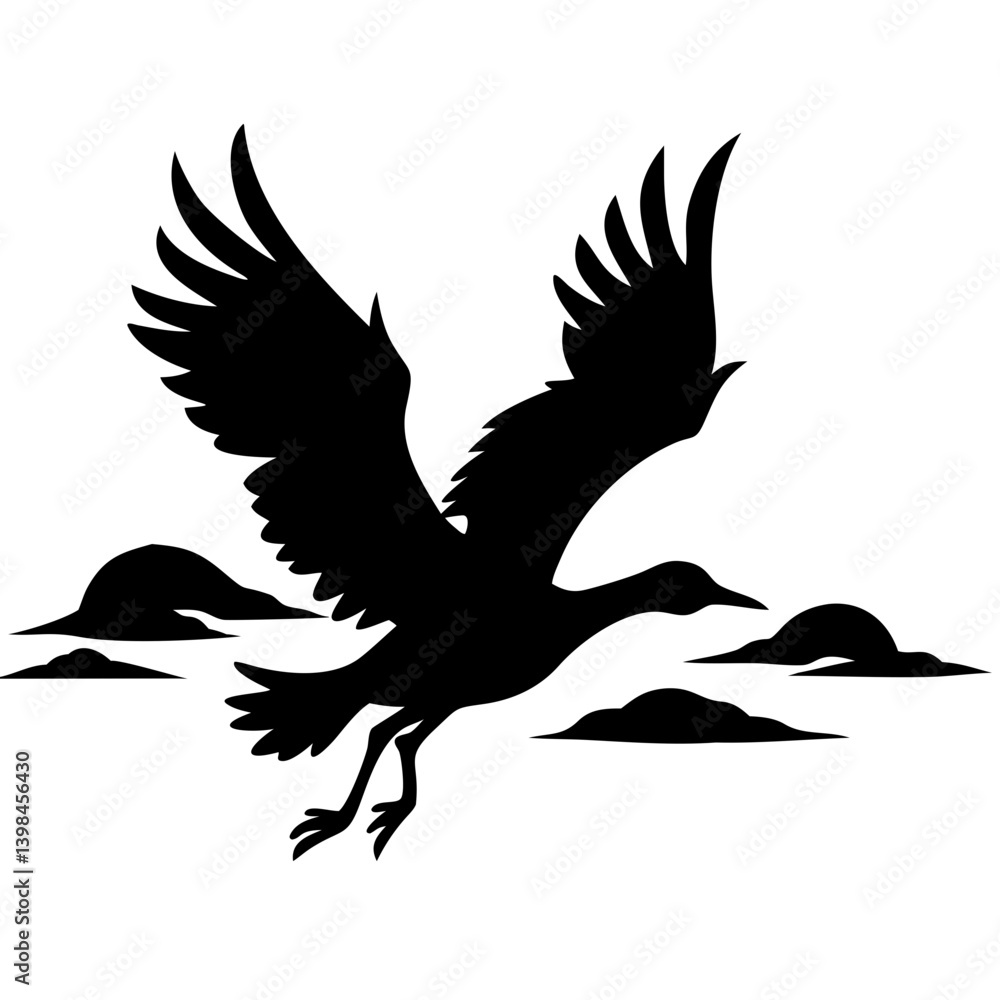 Fototapeta premium Silhouette of Flying Bird in Sky with Clouds Vector Illustration for Tattoo and Design Use