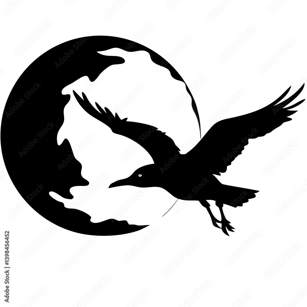 Obraz premium Silhouette of Raven Flying in Front of Crescent Moon Vector Illustration