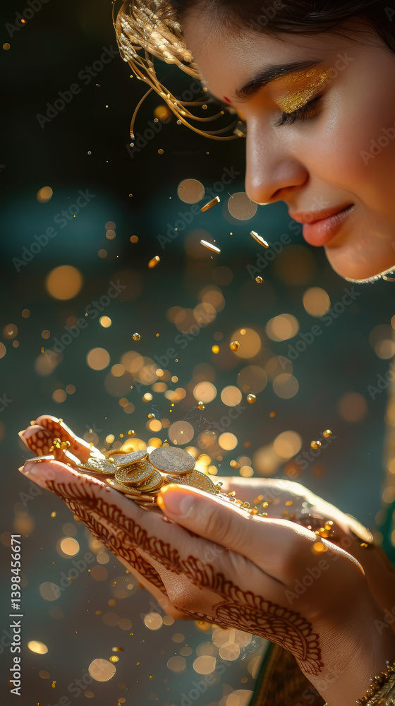 Indian woman's hands decorated with henna mehndi designs holding gold coins, Akshaya Tritiya festival, Indian religious festival Aksaya Trithiya, wealth, money, fortune, india