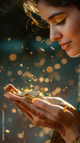 Obraz na płótnie Indian woman's hands decorated with henna mehndi designs holding gold coins, Akshaya Tritiya festival, Indian religious festival Aksaya Trithiya, wealth, money, fortune, india w salonie