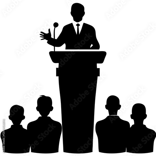 Speaker Silhouette at Podium with Audience Vector for Presentation and Public Speaking Themes