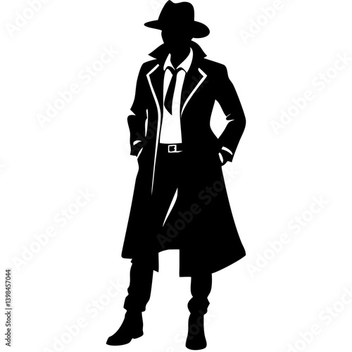 Silhouette Detective in Overcoat and Hat Retro Noir Style Vector Illustration