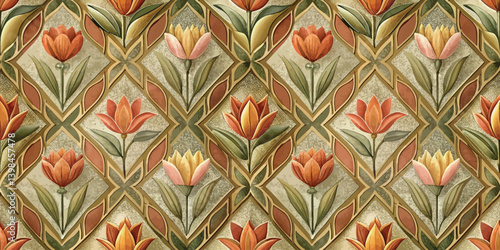 Colorful floral pattern featuring vibrant tulips in warm tones.