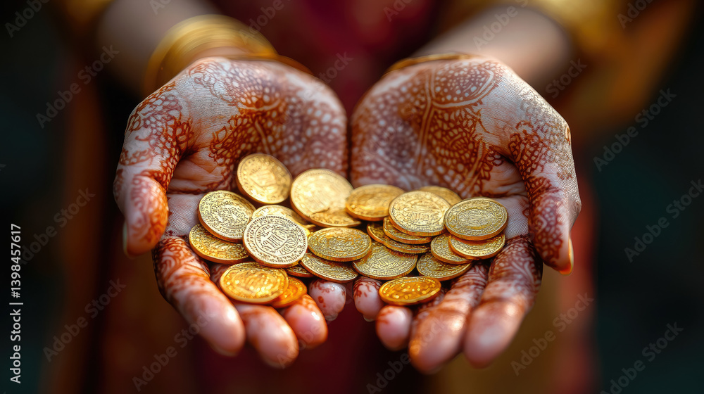 Indian woman's hands decorated with henna mehndi designs holding gold coins, Akshaya Tritiya festival, Indian religious festival Aksaya Trithiya, wealth, money, fortune, india