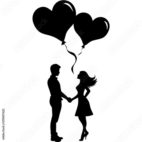 Romantic Couple Holding Hands with Heart Balloons Silhouette Vector Illustration