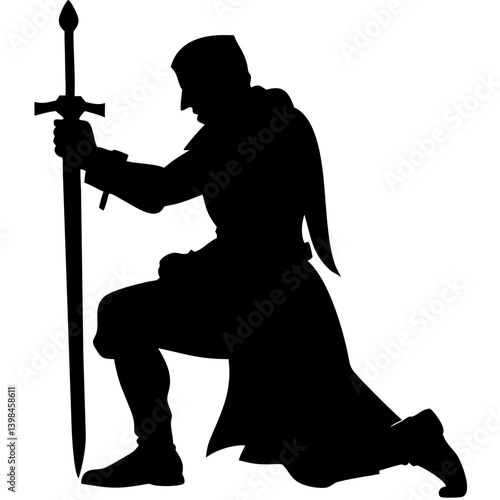 Medieval Knight Kneeling Silhouette with Sword Illustration for Tattoo and Logo Design