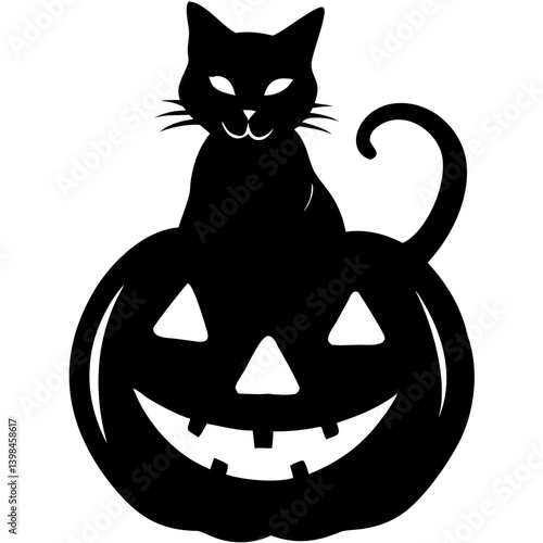Halloween Black Cat on Jack O Lantern Silhouette Vector Illustration