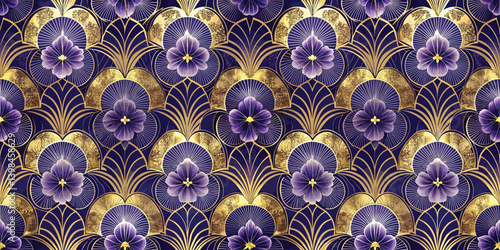 Elegant floral pattern featuring purple blooms and golden accents on a deep navy background.