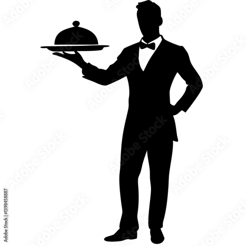 Silhouette of Waiter Holding Serving Tray for Restaurant and Catering Illustration