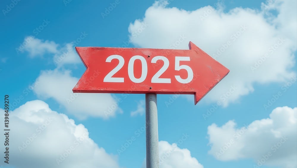 Red Arrow Sign Pointing to 2025 Against Blue Sky Red Arrow Sign Pointing to 2025 Against Blue Sky