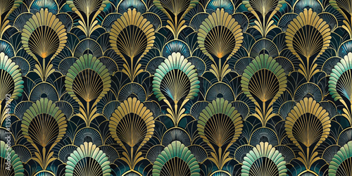 Elegant art deco pattern featuring intricate green and gold fan motifs.