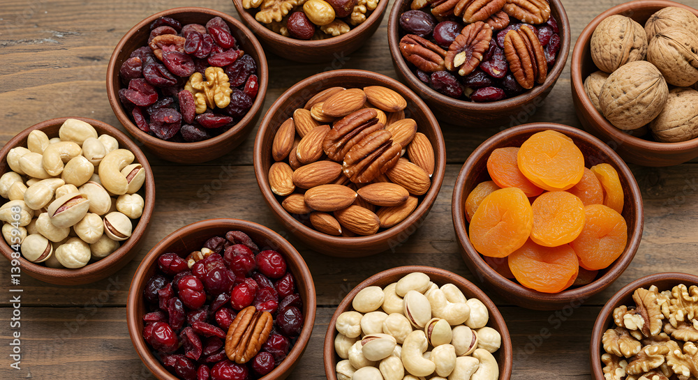 Assortment of Healthy Organic Nuts and Dried Fruits in Small Bowls Assortment of Healthy Organic Nuts and Dried Fruits in Small Bowls