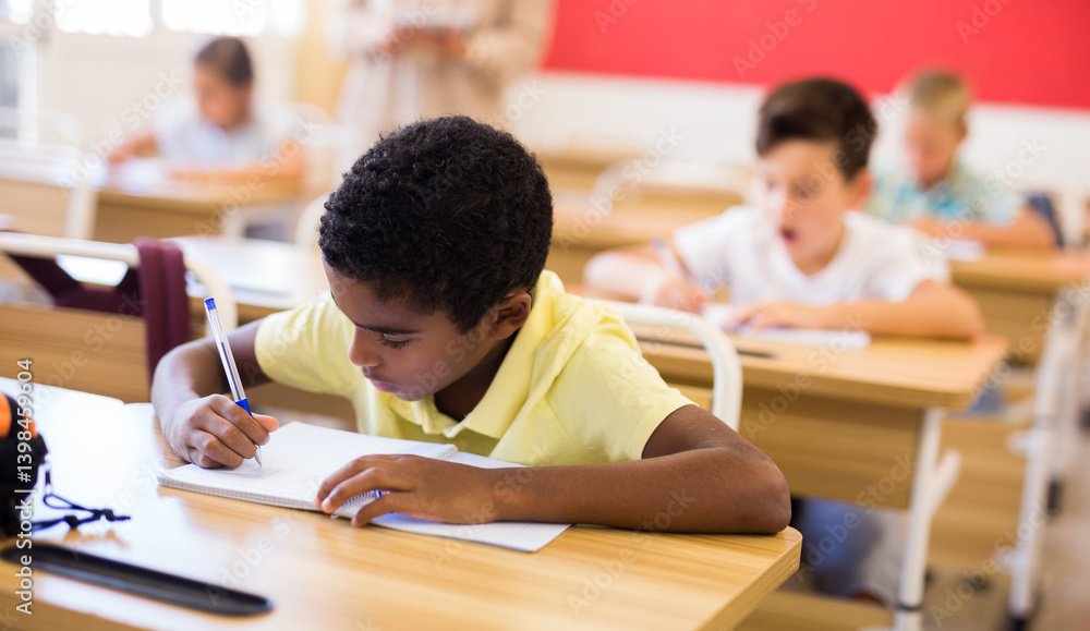 Portrait of diligent schoolboy sitting in class writing exercises Portrait of diligent schoolboy sitting in class writing exercises