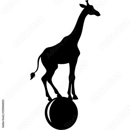 Giraffe Balancing on Ball Silhouette Vector for Circus and Coloring Book Art