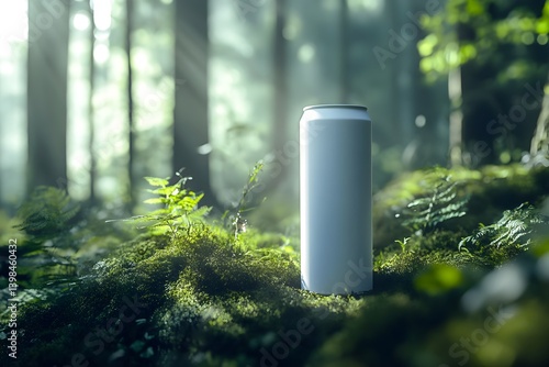 A matte white can of energy drink in the forest, surrounded by greenery and a misty atmosphere.