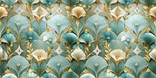Beautiful patterned wallpaper featuring intricate floral designs in teal and gold tones.