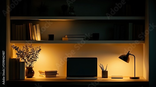 A dimly lit home office workspace with essential study elements