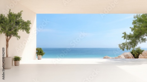 Modern open-air patio overlooking a tranquil ocean scene. Lush greenery adds a touch of nature to the minimalist design