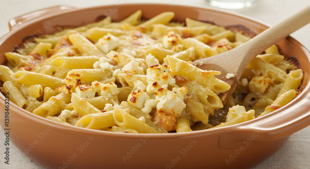 Delicious Baked Feta Pasta in Rustic Ceramic Dish Being Stirred Delicious Baked Feta Pasta in Rustic Ceramic Dish Being Stirred