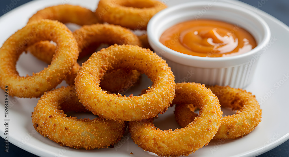 Golden Crispy Onion Rings Served With Dipping Sauce On Plate Golden Crispy Onion Rings Served With Dipping Sauce On Plate
