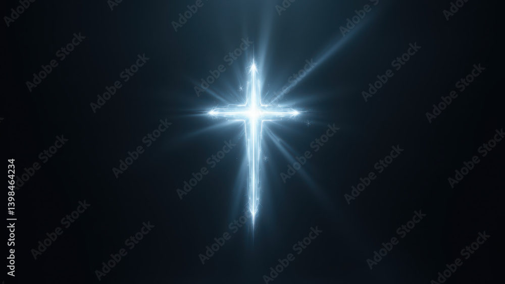 Fototapeta premium Illuminated Christian cross shining brightly in a dark space.